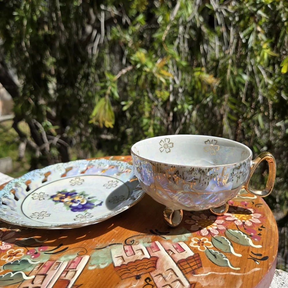 Vntg Lusterware‎ Footed Cup Pierced Saucer Gold trim B. P. Import Japan ART DECO